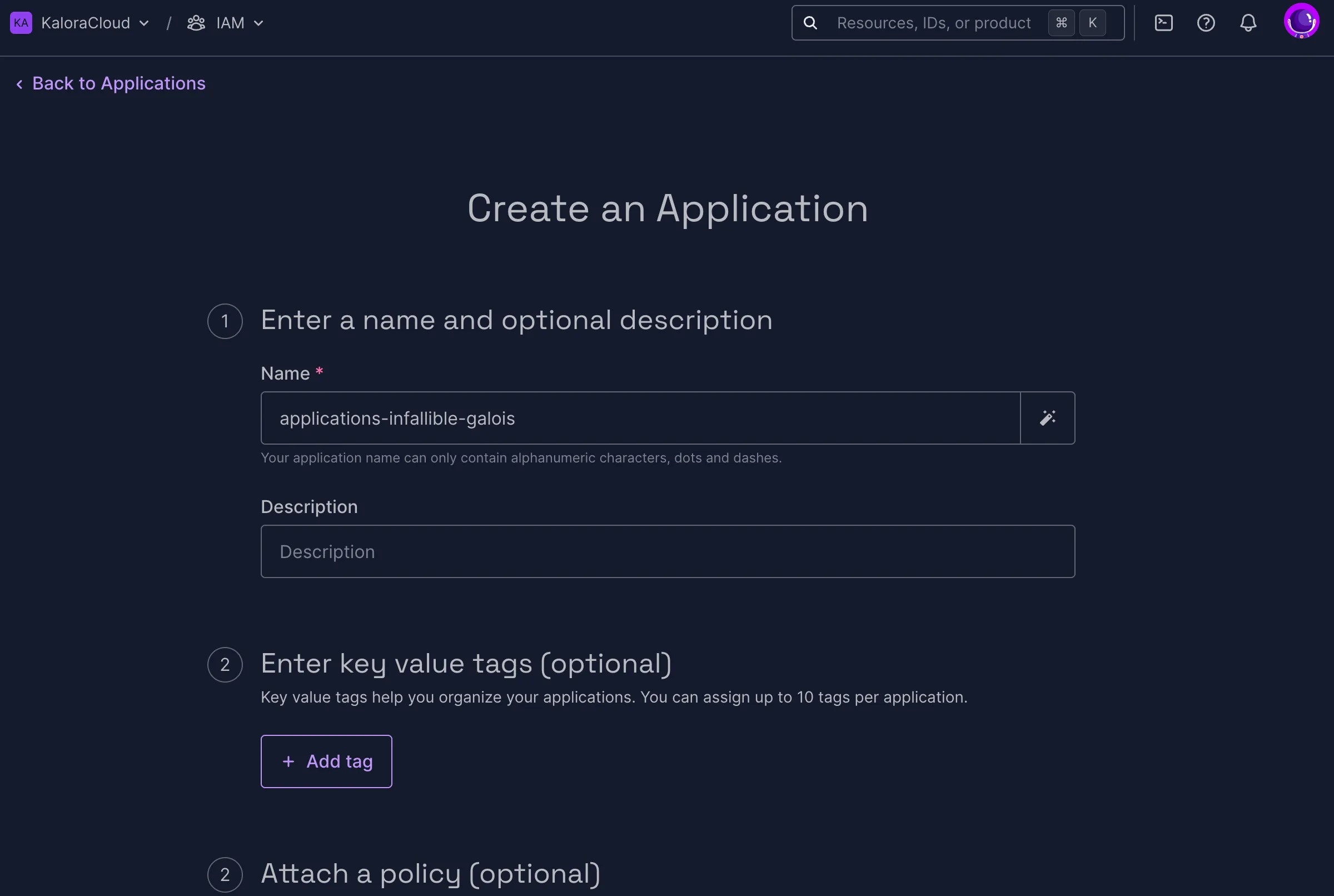 Filling in the application name and description.